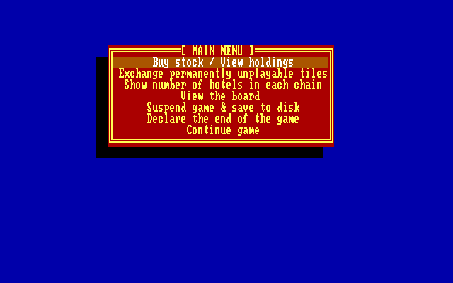 Computer Acquire IBM PC/Compatibles Screenshot: The in game menu.