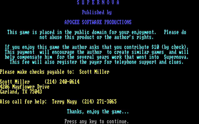Supernova IBM PC/Compatibles Screenshot: Shareware notice screen.