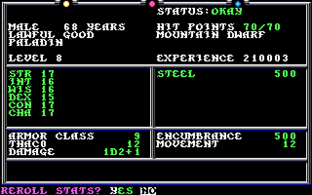 Death Knights of Krynn IBM PC/Compatibles Screenshot: Character stats.