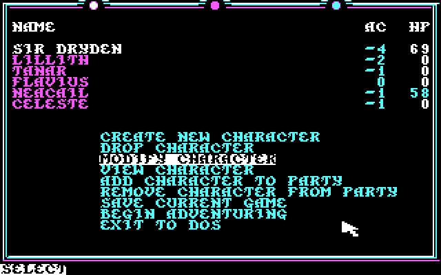 Death Knights of Krynn IBM PC/Compatibles Screenshot: The main menu.