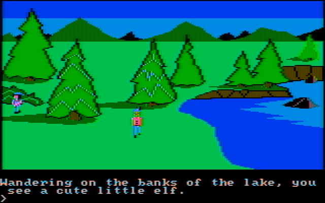 King's Quest IBM PC/Compatibles Screenshot: There's an elf here! I wonder if he can help me?