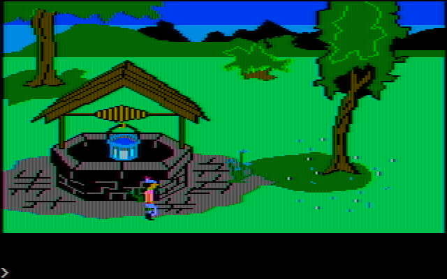 King's Quest IBM PC/Compatibles Screenshot: A well and a bucket...this could be useful at some point in the game...