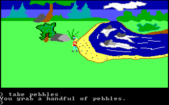 King's Quest IBM PC/Compatibles Screenshot: Picking up some pebbles...can these be useful later?