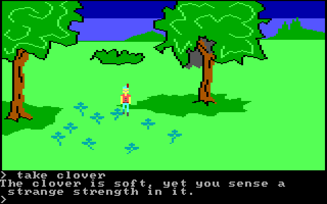 King's Quest IBM PC/Compatibles Screenshot: Picking up some clover...lucky!