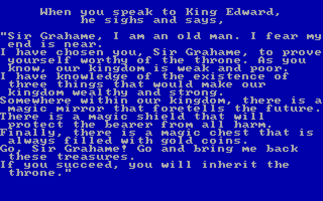King's Quest IBM PC/Compatibles Screenshot: Here's the story, and what you need to accomplish.
