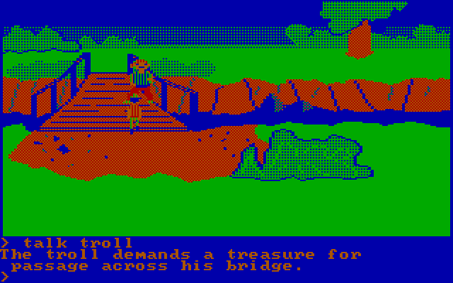 King's Quest IBM PC/Compatibles Screenshot: A troll prevents you from crossing the bridge.