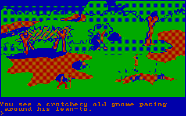 King's Quest IBM PC/Compatibles Screenshot: An old gnome paces back and forth here...