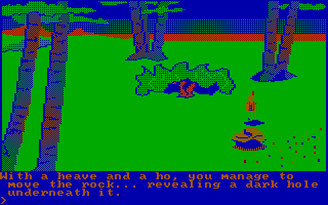 King's Quest IBM PC/Compatibles Screenshot: Pushing a rock to find hidden items.