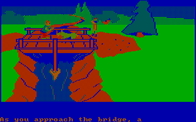 King's Quest IBM PC/Compatibles Screenshot: A troll guards this bridge too...