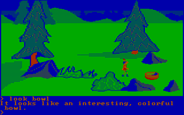 King's Quest IBM PC/Compatibles Screenshot: Hmm, someone left a bowl lying on the ground.