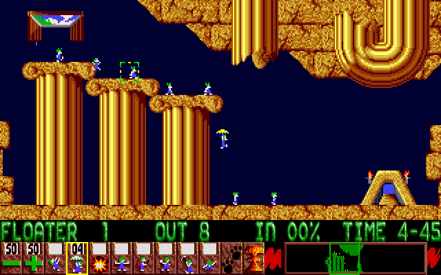 Lemmings Amiga Screenshot: Each of your lemmings needs to float to safety.