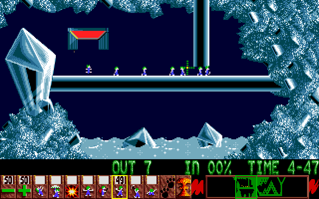 Lemmings Amiga Screenshot: Bash your way through some walls.