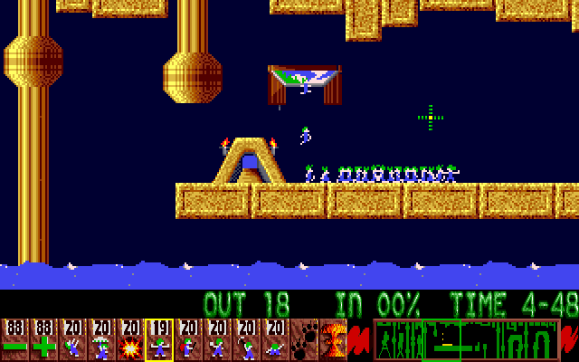 Lemmings Amiga Screenshot: Blockers make this level easier than it looks...