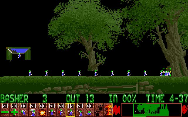 Lemmings Amiga Screenshot: Getting through the trees requires a lot of bashing.
