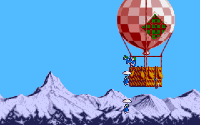 Lemmings Amiga Screenshot: Lemmings jump out of the balloon...