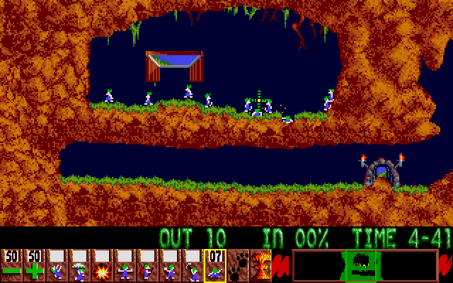 Lemmings Amiga Screenshot: Dig to reach the goal...