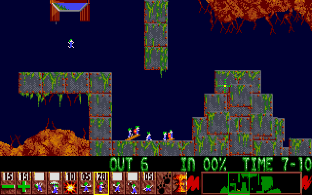 Lemmings Amiga Screenshot: Lemmings mayhem! Better think quick before your lemmings are squashed.