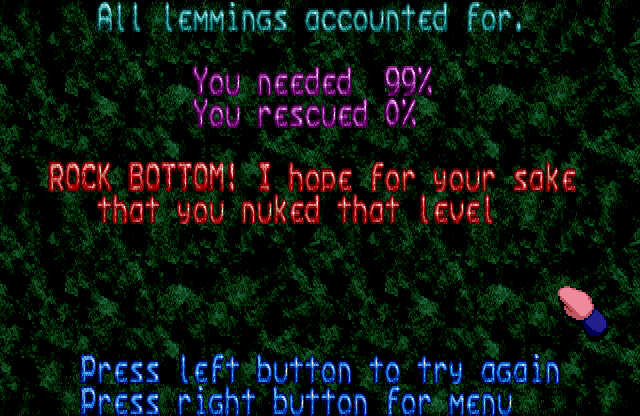 Lemmings Amiga Screenshot: Oops, didn't do well at this level...