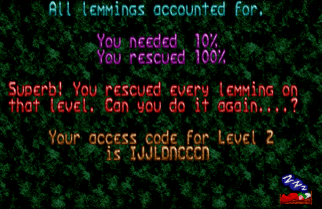 Lemmings Amiga Screenshot: All lemmings accounted for...