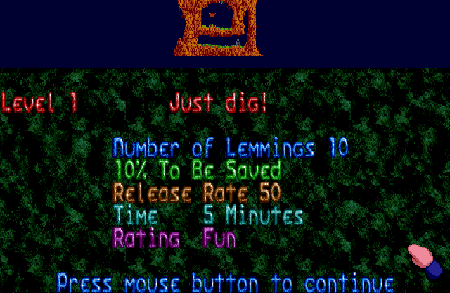 Lemmings Amiga Screenshot: Just dig! This is the first and easiest level in the game.
