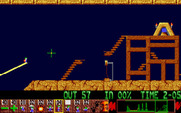 Lemmings for Amiga - Using more bridges to get past lemming traps.