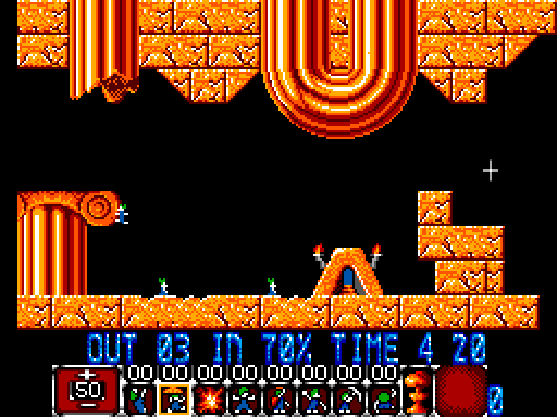 Lemmings Sega Master System Screenshot: Here's the goal, and the lemmings are on their way!