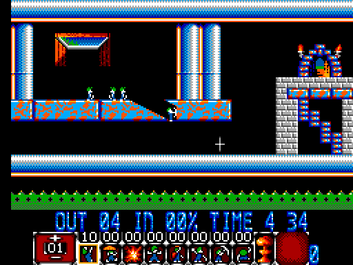 Lemmings Sega Master System Screenshot: Bash your way through the floor, then climb up to the exit.