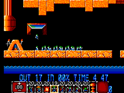Lemmings Sega Master System Screenshot: Use blockers to stop lemmings from falling into the water.