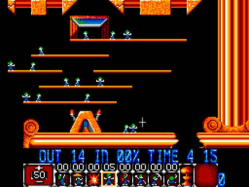 Lemmings Sega Master System Screenshot: Use blockers to make a safe path to the exit.