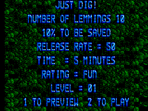 Lemmings Sega Master System Screenshot: The first level is called "Just Dig!".