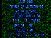 Lemmings for Sega Master System - The first level is called "Just Dig!".