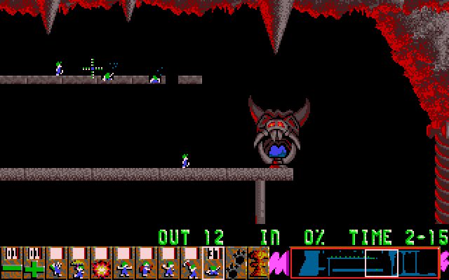 Lemmings IBM PC/Compatibles Screenshot: Dig through the platform to avoid falling too great a distance.