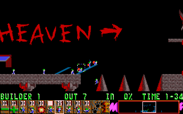 Lemmings IBM PC/Compatibles Screenshot: Building towards a goal...