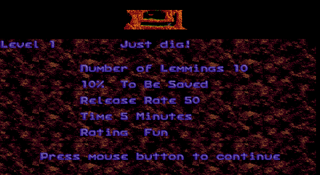 Lemmings IBM PC/Compatibles Screenshot: Overview of the first level.
