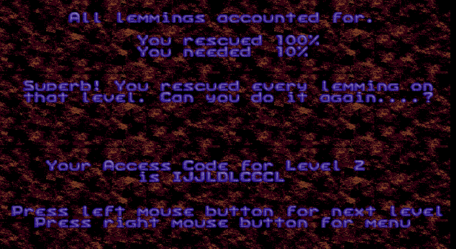 Lemmings IBM PC/Compatibles Screenshot: All lemmings rescued!