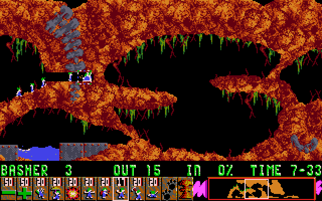 Lemmings IBM PC/Compatibles Screenshot: Bashing through walls.