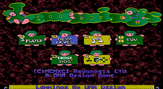 Lemmings IBM PC/Compatibles Screenshot: Title screen and main menu.