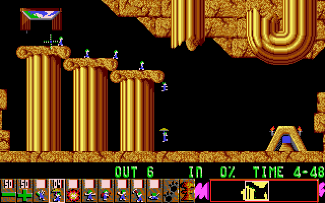 Lemmings IBM PC/Compatibles Screenshot: Use umbrellas to safely float down from great heights.
