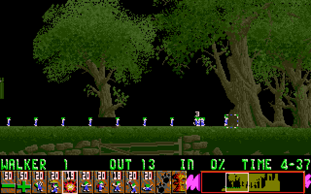 Lemmings IBM PC/Compatibles Screenshot: Bashing through trees to reach the end.