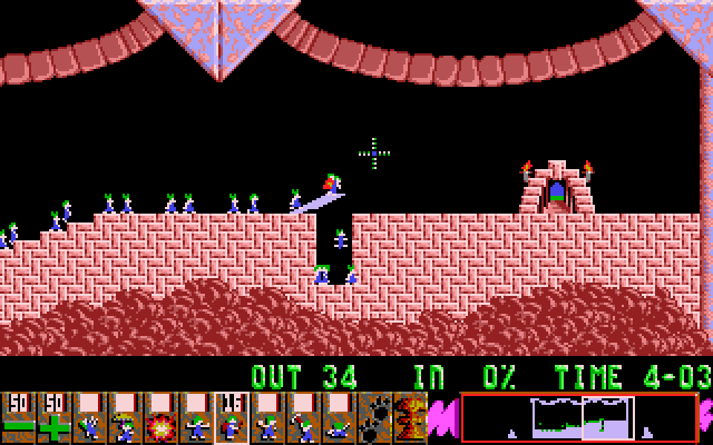 Lemmings IBM PC/Compatibles Screenshot: Building a bridge to safety.