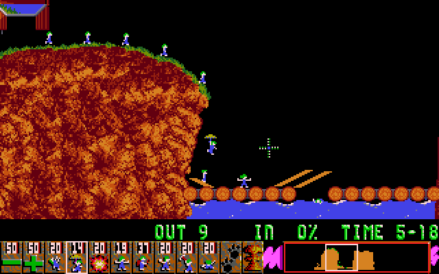 Lemmings IBM PC/Compatibles Screenshot: You need to think of a strategy to get lemmings safely past dangers.