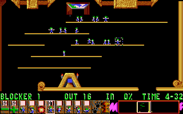 Lemmings IBM PC/Compatibles Screenshot: Blockers prevent lemmings from passing; useful to keep them from falling off a platform.
