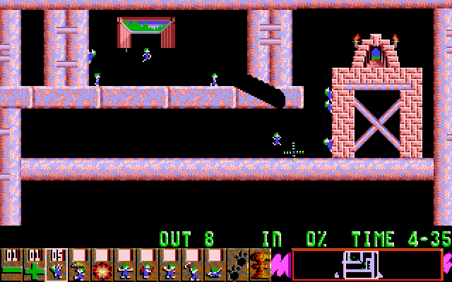 Lemmings IBM PC/Compatibles Screenshot: Digging and climbing to reach the exit.