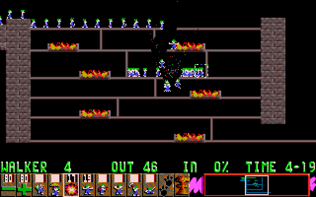 Lemmings IBM PC/Compatibles Screenshot: Exploding lemmings create gaps in the floor.