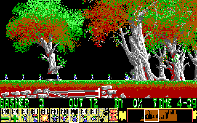 Lemmings IBM PC/Compatibles Screenshot: Bashing through trees.