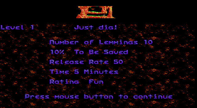 Lemmings IBM PC/Compatibles Screenshot: Just dig! Introduction to the first level.