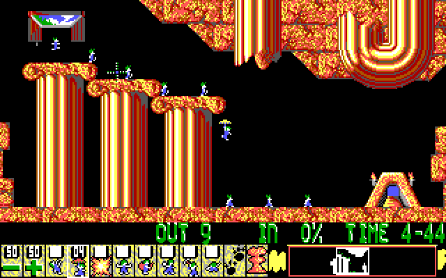 Lemmings IBM PC/Compatibles Screenshot: Use umbrellas to avoid the lemmings from being squashed on impact.