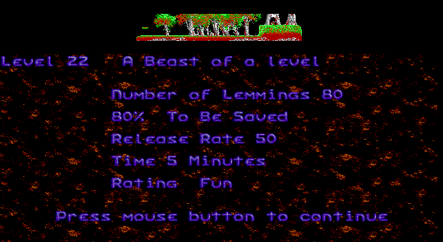 Lemmings IBM PC/Compatibles Screenshot: A beast of a level...
