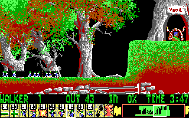 Lemmings IBM PC/Compatibles Screenshot: There's the exit; but how to get there?