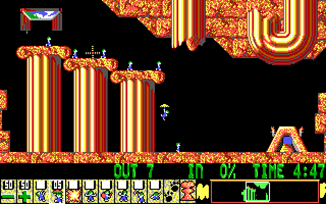 Lemmings IBM PC/Compatibles Screenshot: Use floaters to reach the ground safely.